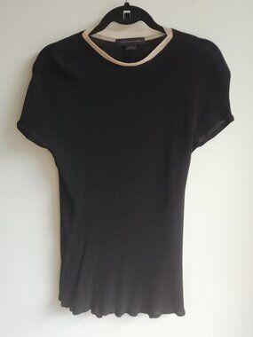 Marie Saint Pierre Black/Tan Textured Stretch Short Sleeve T-Shirt - Sz 2 🇨🇦